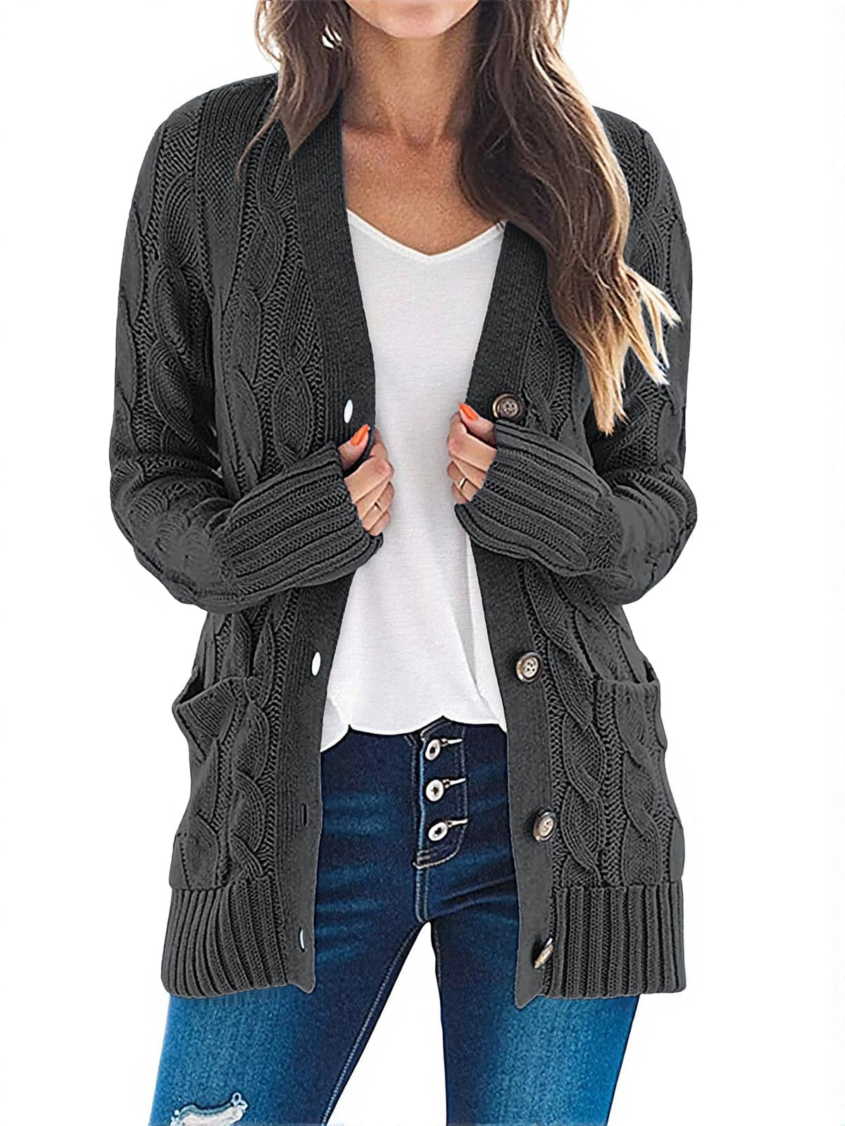 MEROKEETY Womens Fall 2026 Long Sleeve Cable Knit Cardigan Sweaters