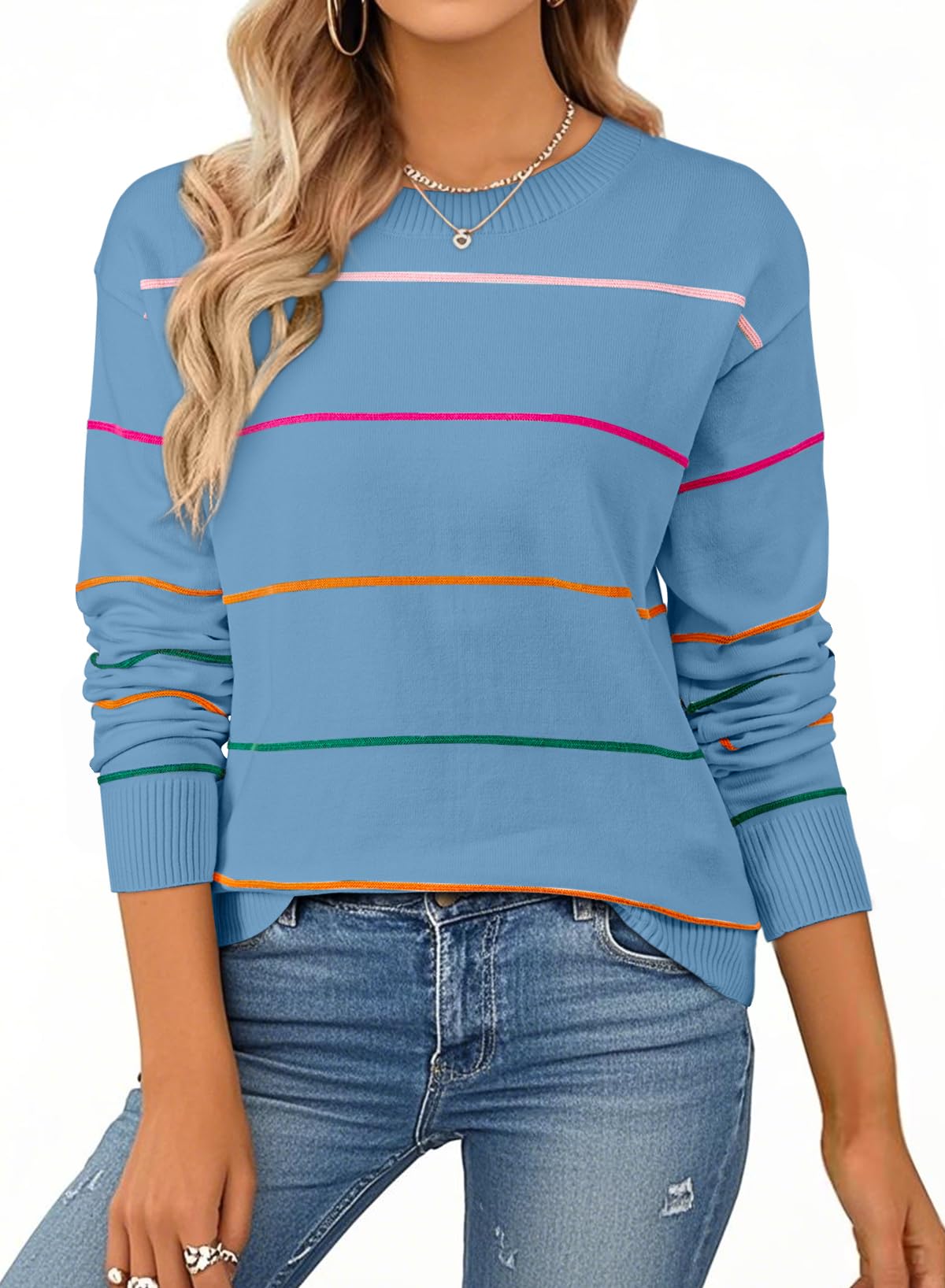 SHEWIN Womens Sweaters Crew Neck Knit Long Sleeve Striped Sweater Fall Outfits for Women 2026