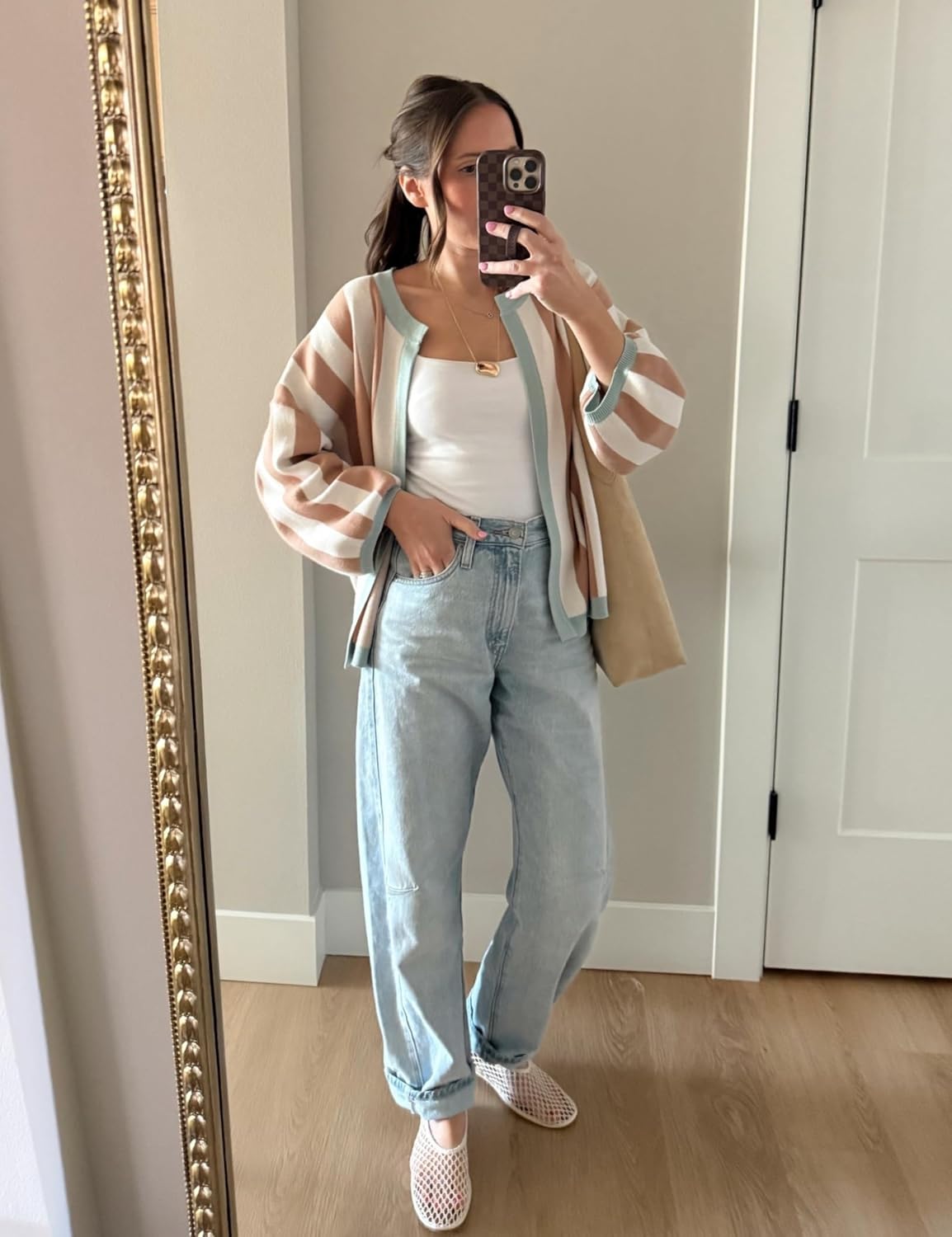 Women's Casual Loose Fit Striped Cardigan Long Balloon Sleeves Open Front Knit Sweater