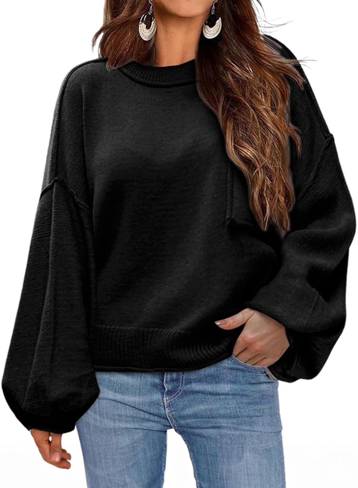 Dokotoo Women's Sweater Tops 2026 Ribbed Knitwear Lantern Pullover Sweater