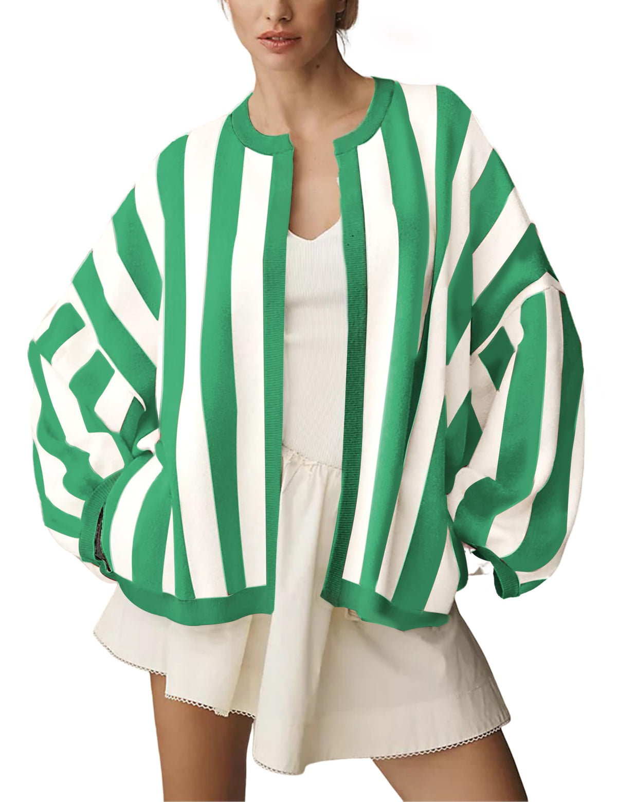 Women's Casual Loose Fit Striped Cardigan Long Balloon Sleeves Open Front Knit Sweater