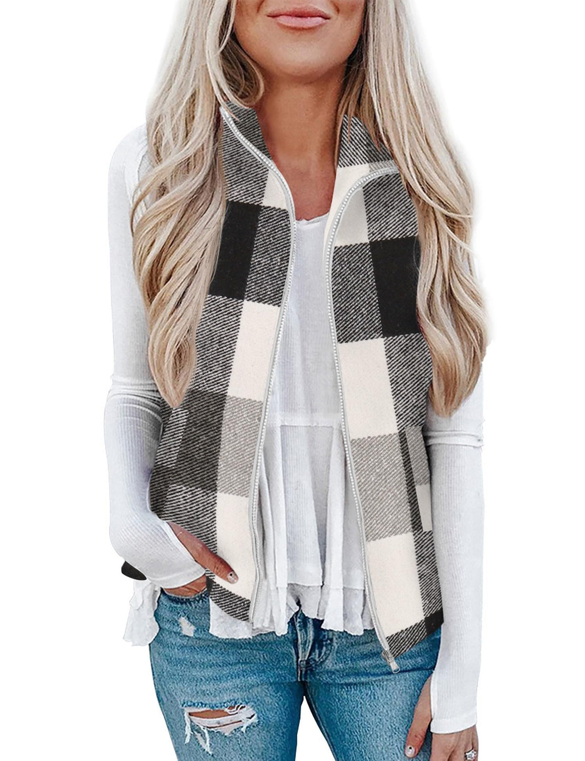Rapbin Women's Plaid Outerwear Vests Tops Zip Up Collared Sleeveless Jacket with Pockects