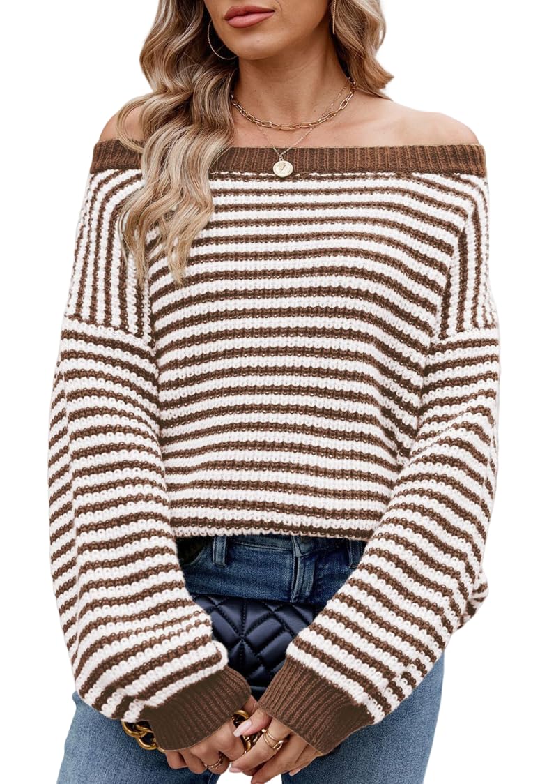 Women's Oversized Striped Sweater Casual Off The Shoulder Sweater Fall Long Sleeve Loose Knit Pullover Jumper Tops