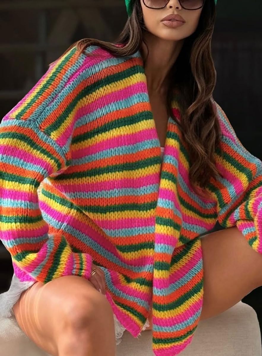 chouyatou Women's Fall Contrast Color Striped Cardigan Sweater Open Front Chunky Knit Cardigan Jacket