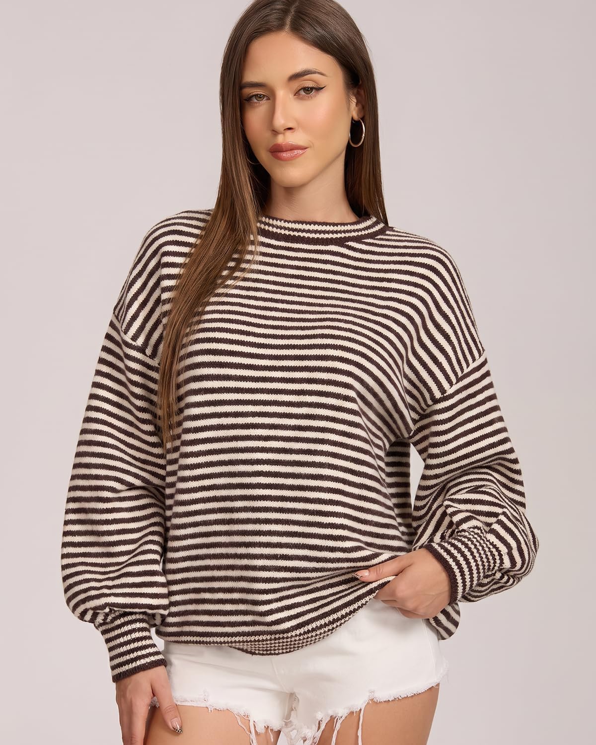 QINSEN Women's Crewneck Oversized Sweater Striped Long Sleeve Pullover Top