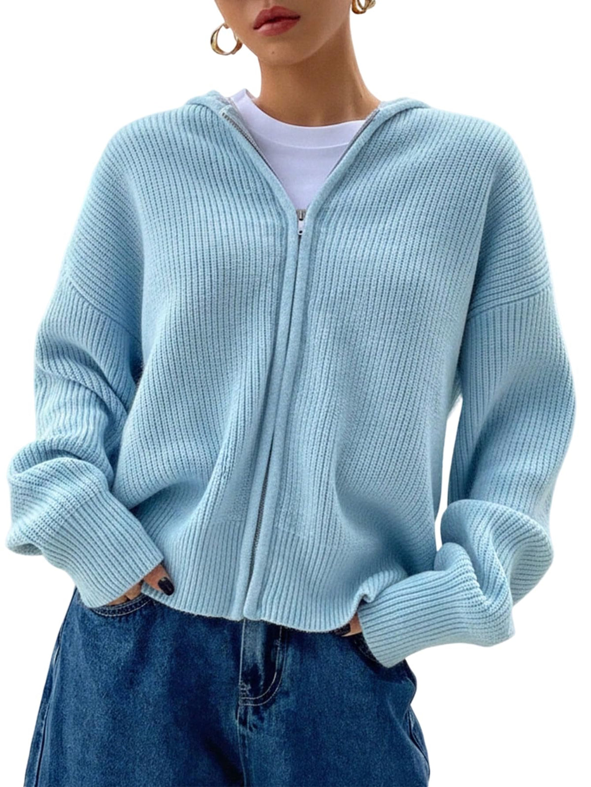 SOLY HUX Zip Up Cardigan for Women Hooded Knit Sweater Jackets
