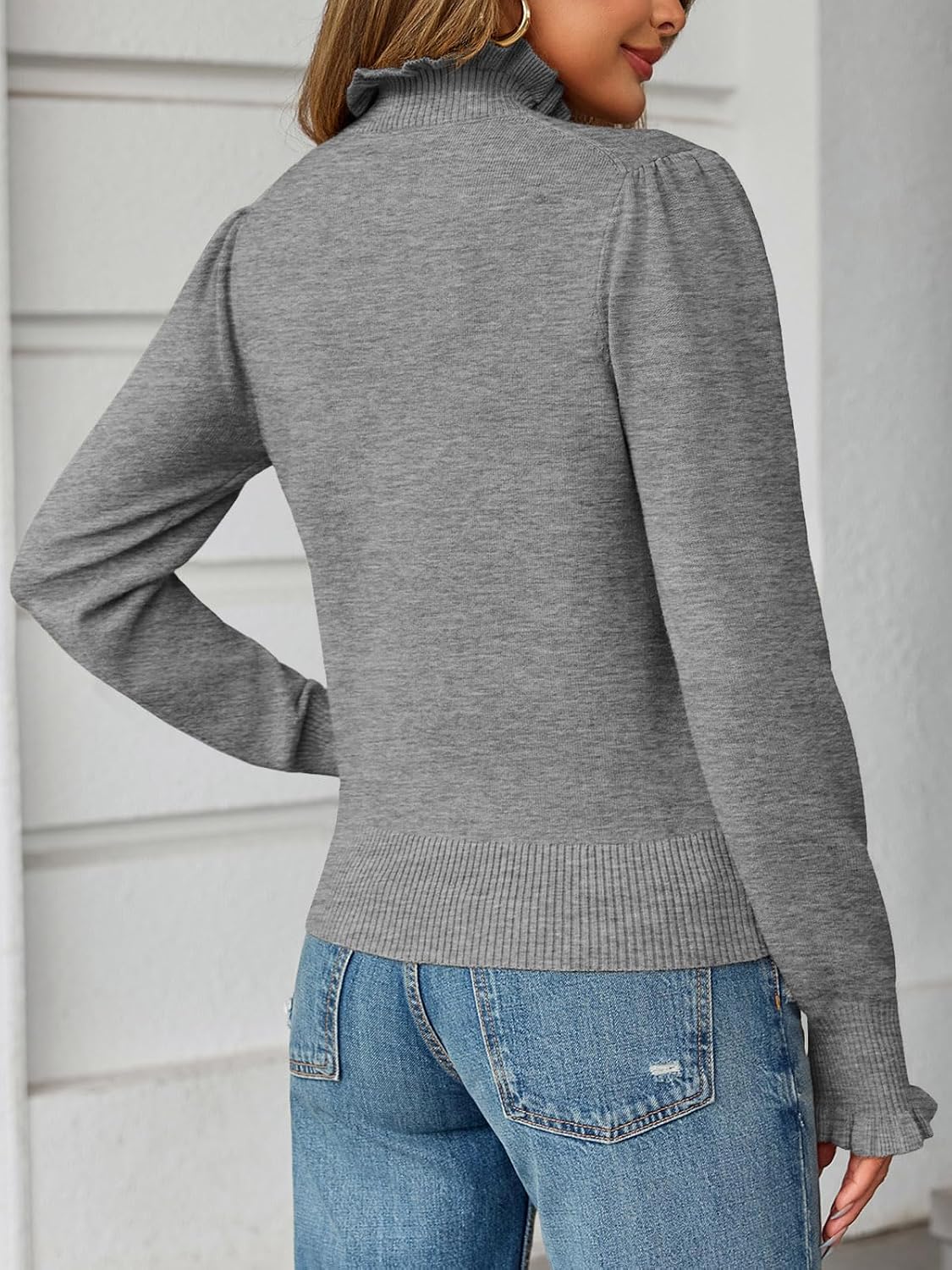 Saodimallsu Womens Ruffle Mock Neck Sweater Puff Sleeve Knit Pullover Tops