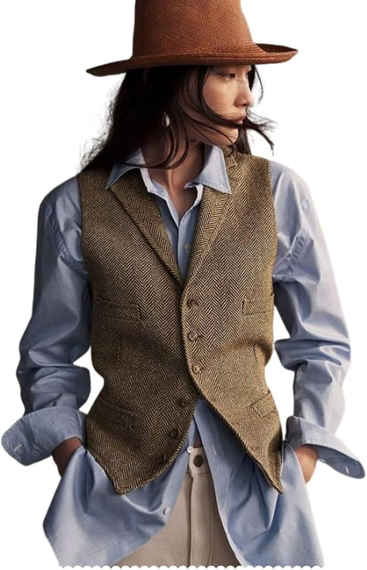 Women's Herringbone Tweed Waistcoat V-Neck Lapel Suit Vest
