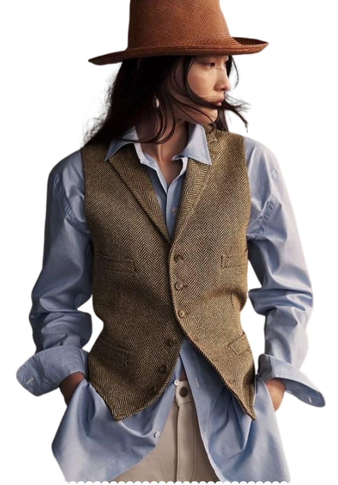 Women's Herringbone Tweed Waistcoat V-Neck Lapel Suit Vest