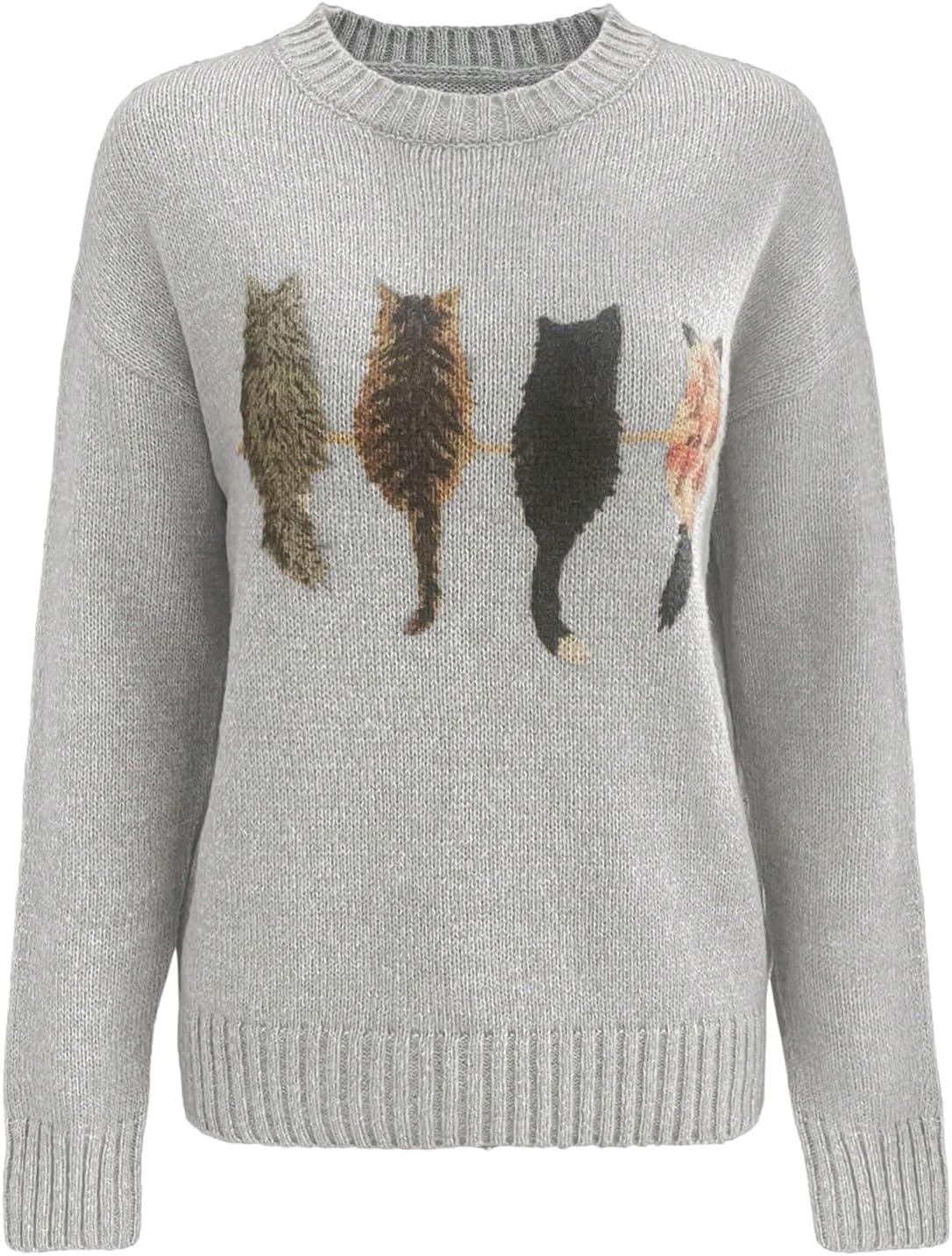 WDIRARA Women's Cat Graphic Sweater Long Sleeve Crew Neck Knit Tops