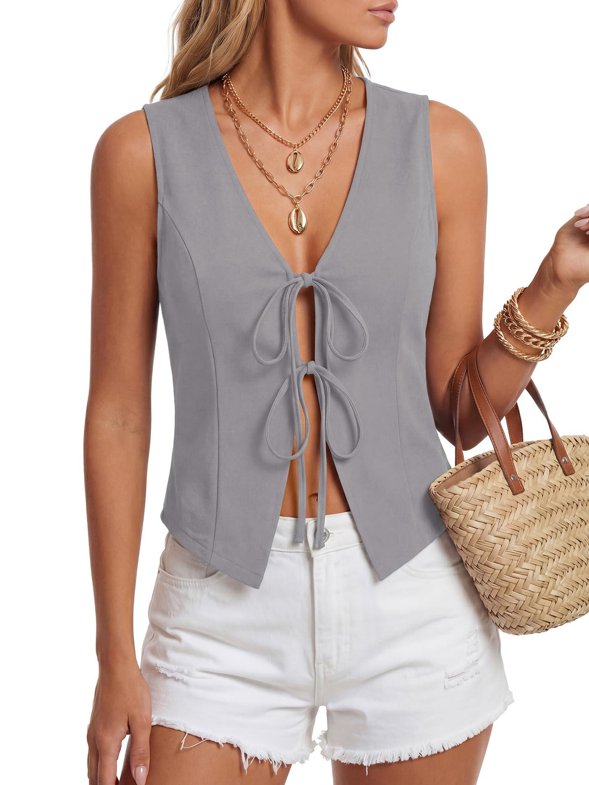 Vrtige Women's Y2k V Neck Tie Front Tank Tops
