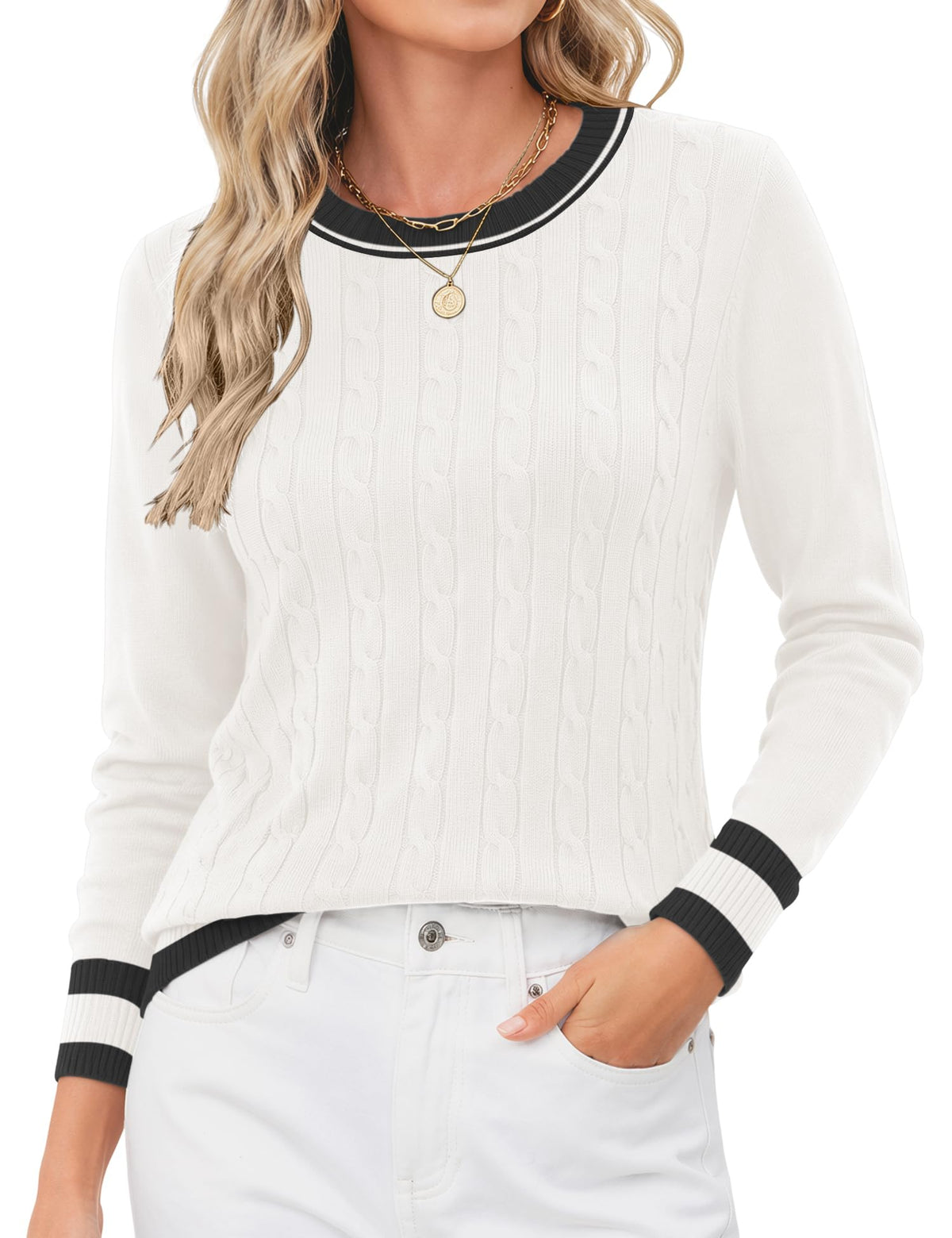 Rapbin Women's Contrast Trim Knit Sweater Long Sleeve Crew Neck Pullover