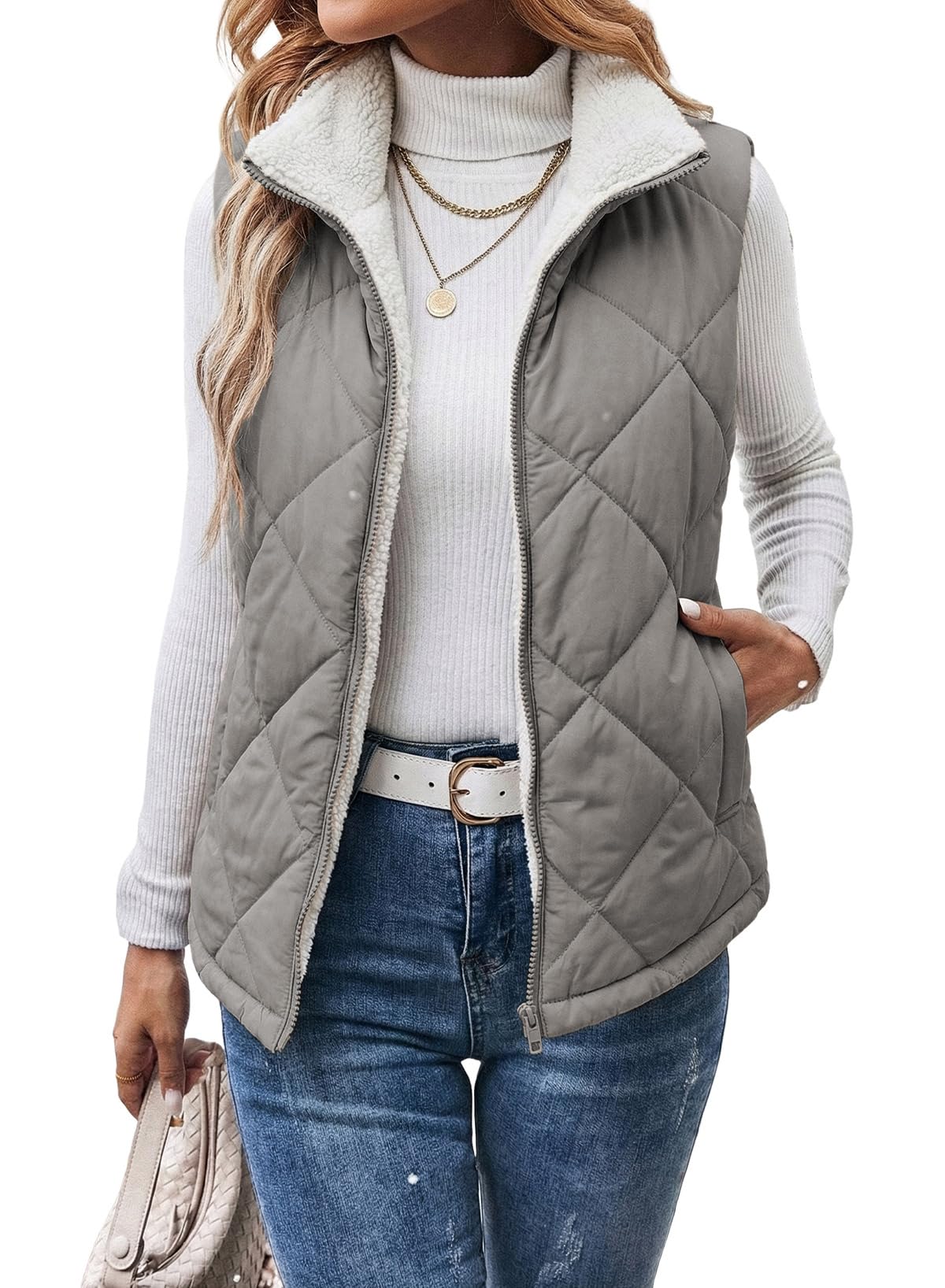 Dokotoo Womens Sherpa Fleece Vest Stand Collar Zip Up Puffer Quilted Jacket
