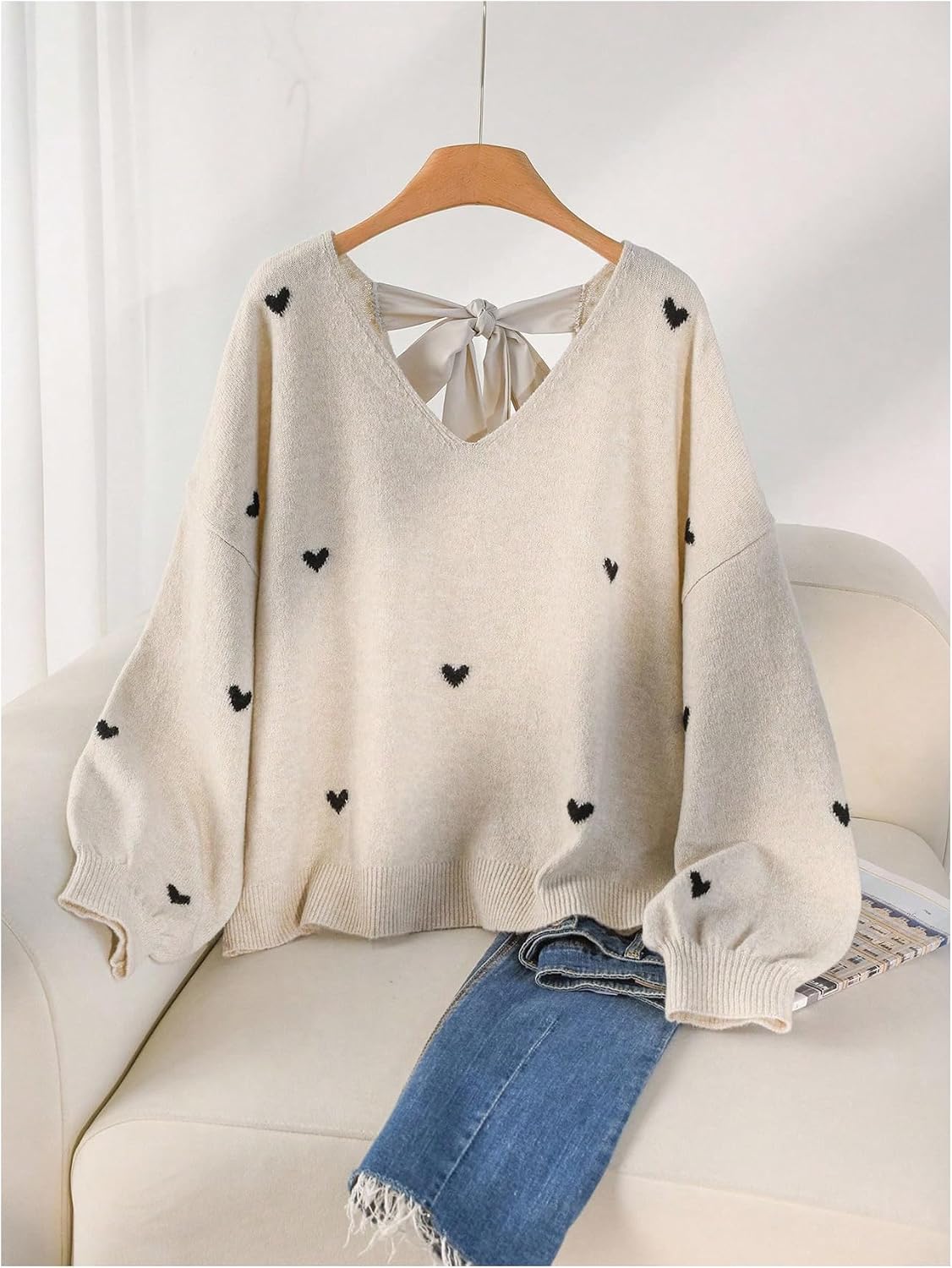 BEAUDRM Women's Plus Size Heart Graphic Sweaters Y2k Bow Tie Back V Neck Long Sleeve Knitwear Tops Fall Clothes
