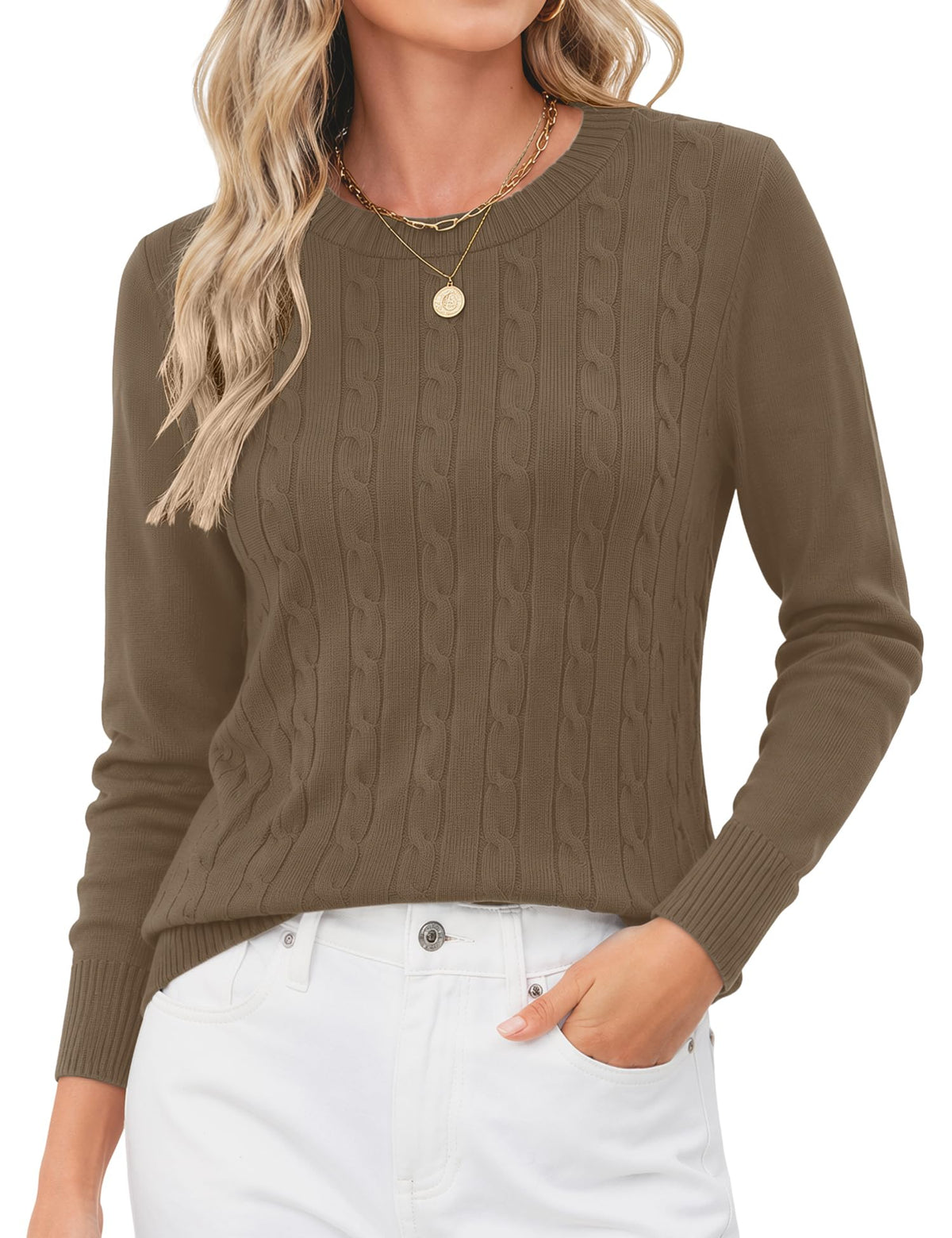 Rapbin Women's Contrast Trim Knit Sweater Long Sleeve Crew Neck Pullover