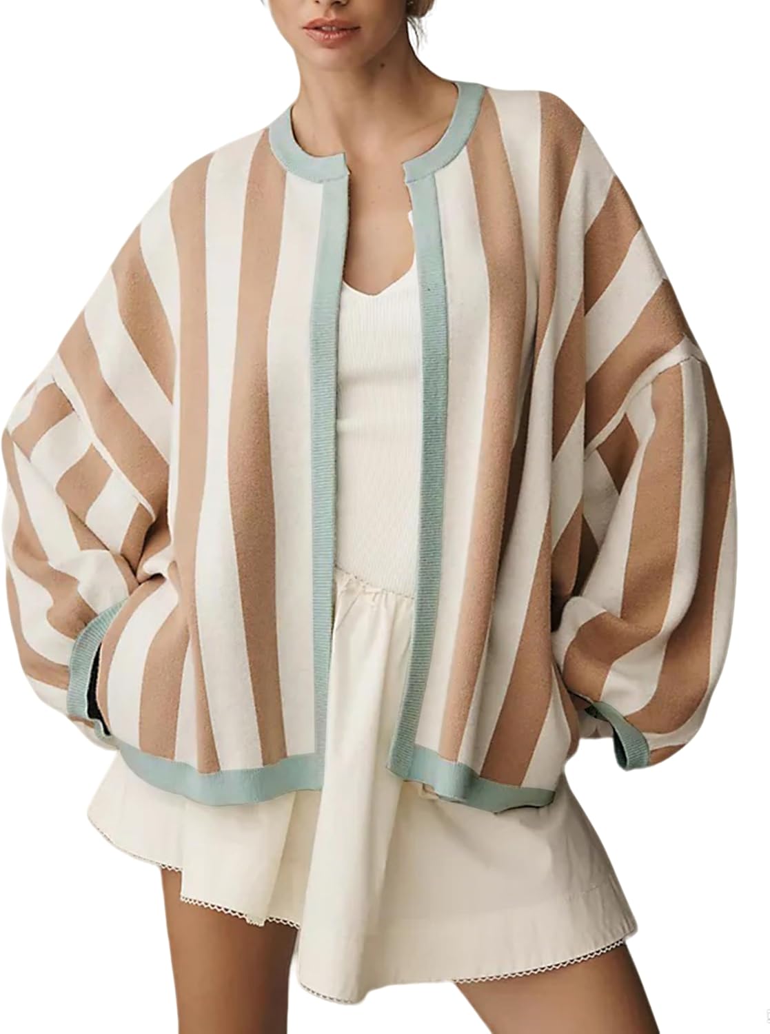 Women's Casual Loose Fit Striped Cardigan Long Balloon Sleeves Open Front Knit Sweater