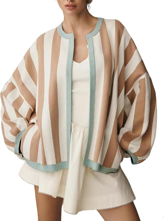 Women's Casual Loose Fit Striped Cardigan Long Balloon Sleeves Open Front Knit Sweater