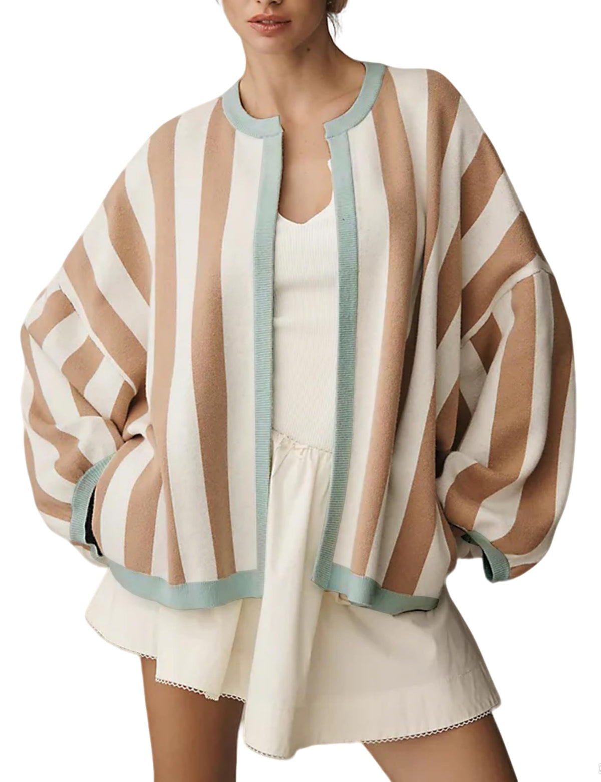 Women's Casual Loose Fit Striped Cardigan Long Balloon Sleeves Open Front Knit Sweater