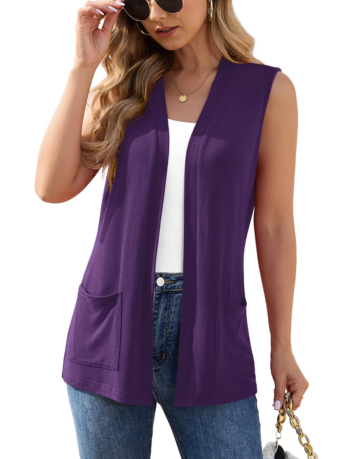 Veryoung Womens Sleeveless Open Front Cardigan Vest Lightweight Thin Vests Layering Top with Pockets for Summer Casual Office