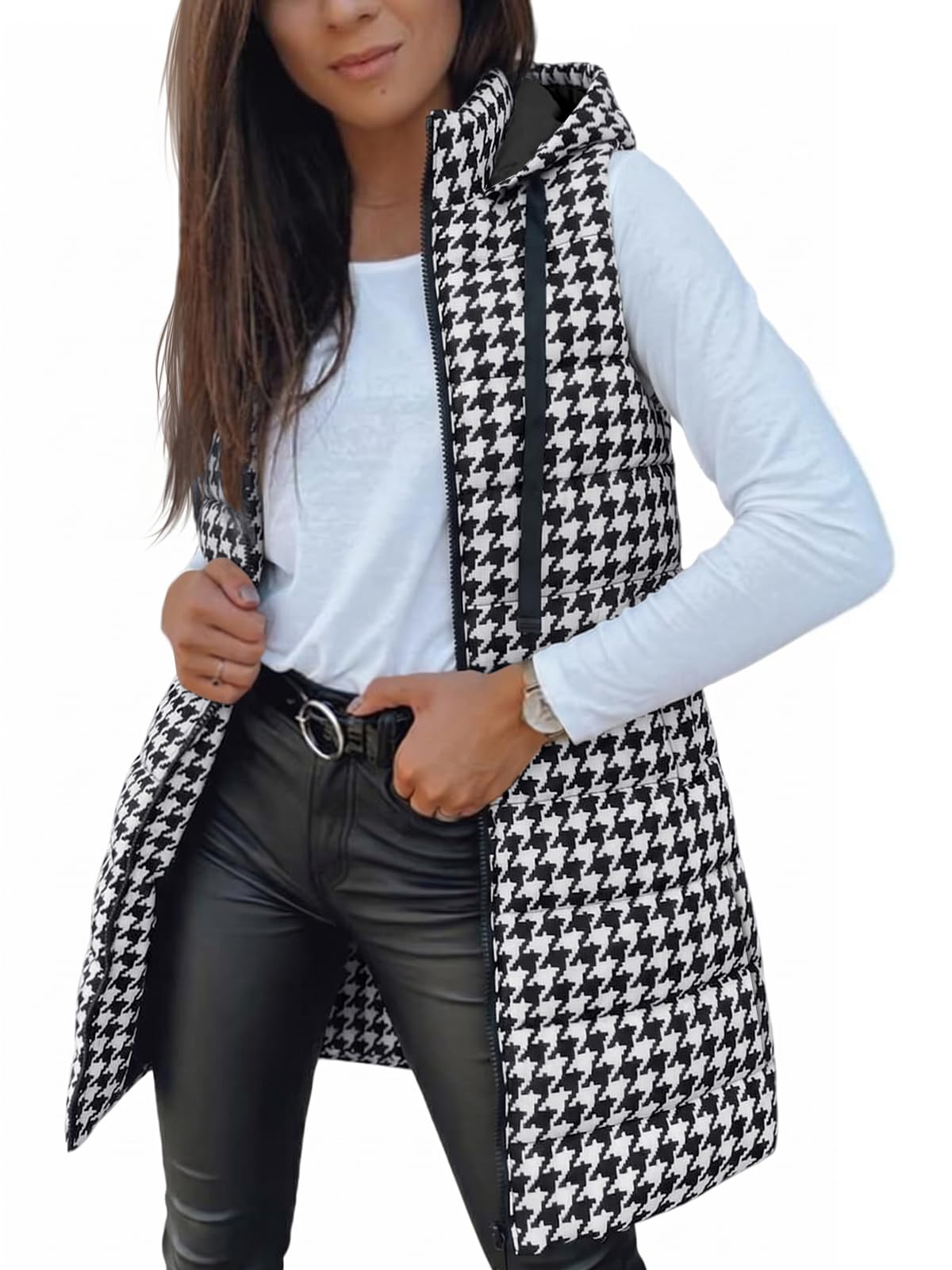 Veatzaer Women Long Vest Sleeveless Hood Winter Puffer Vest Outwear