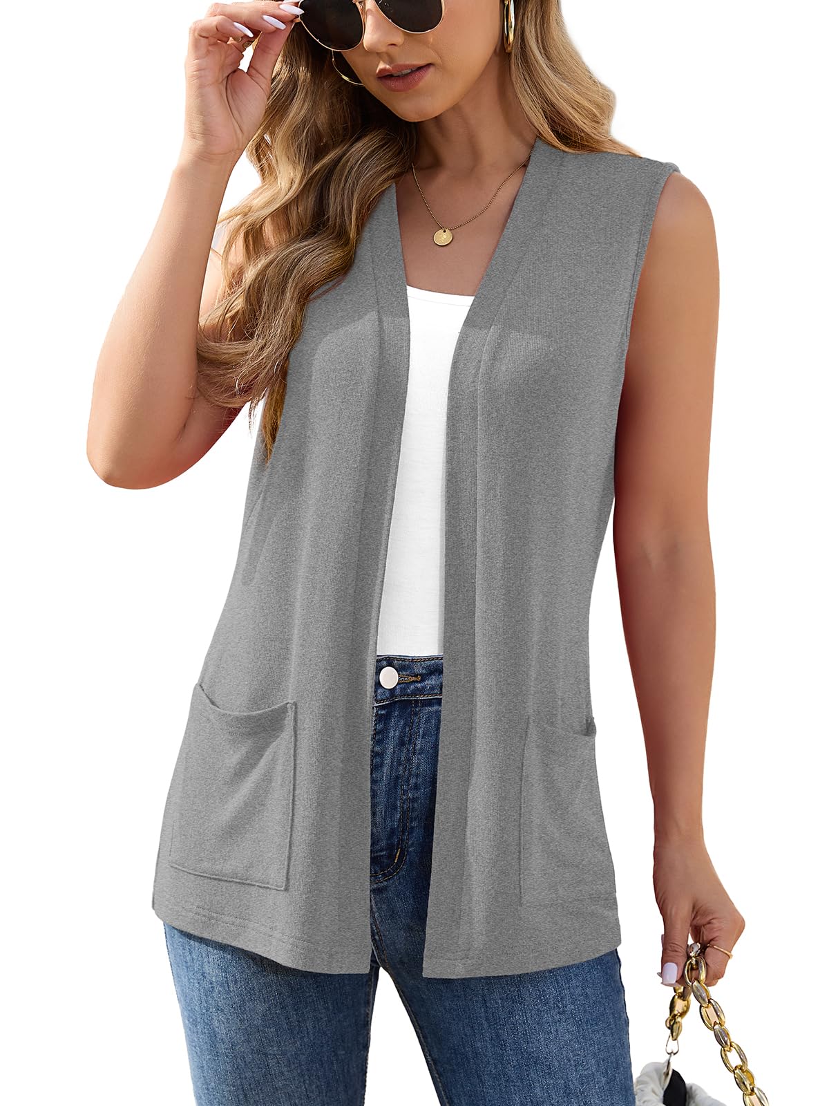Veryoung Womens Sleeveless Open Front Cardigan Vest Lightweight Thin Vests Layering Top with Pockets for Summer Casual Office