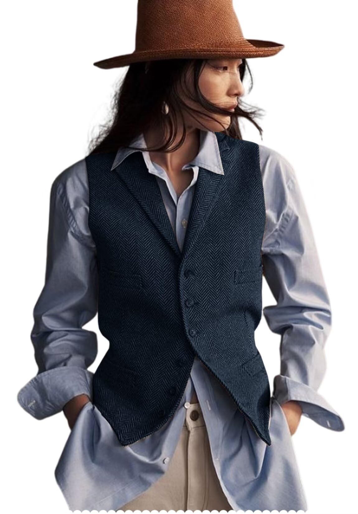 Women's Herringbone Tweed Waistcoat V-Neck Lapel Suit Vest