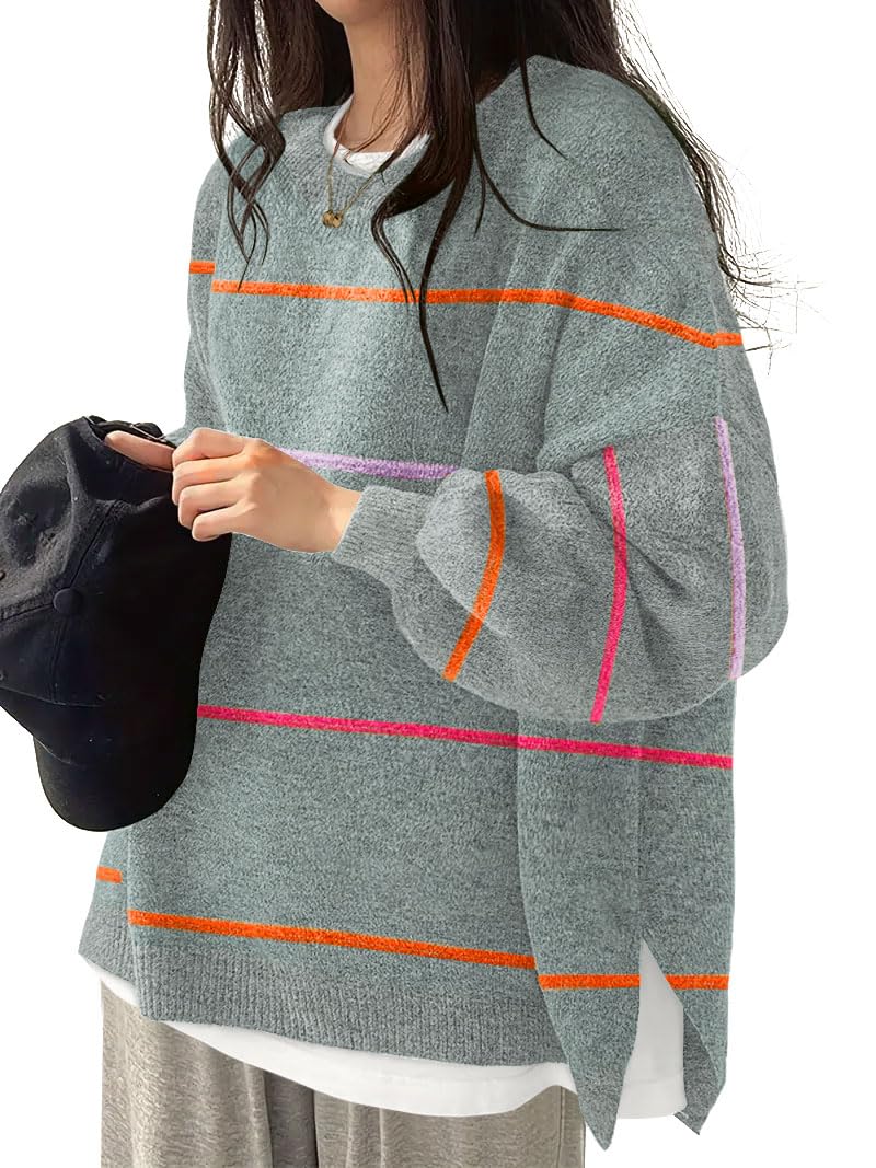 Womens Oversized Sweaters Fall Fashion Side Slit Ribbed Pullover Sweater