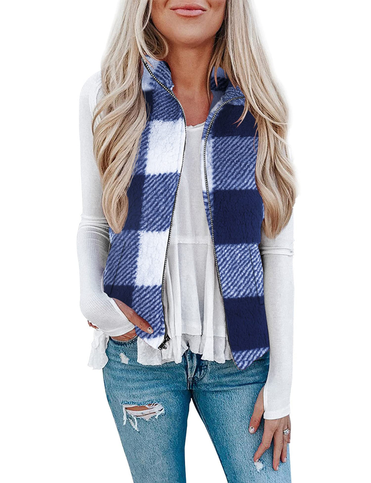 LOMON Womens Fuzzy Sherpa Fleece Jacket Lightweight Vest Cozy Sleeveless Cardigan Zipper Waistcoat Outerwear with Pocket