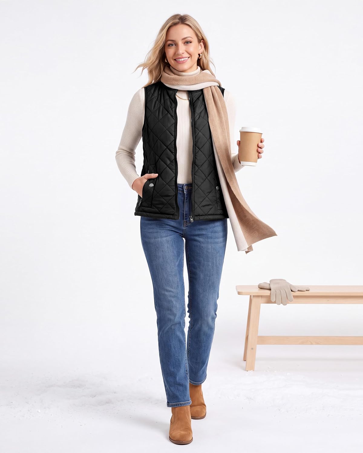 Diamond Quilted Puffer Vest Women Stand Collar Lightweight Vest