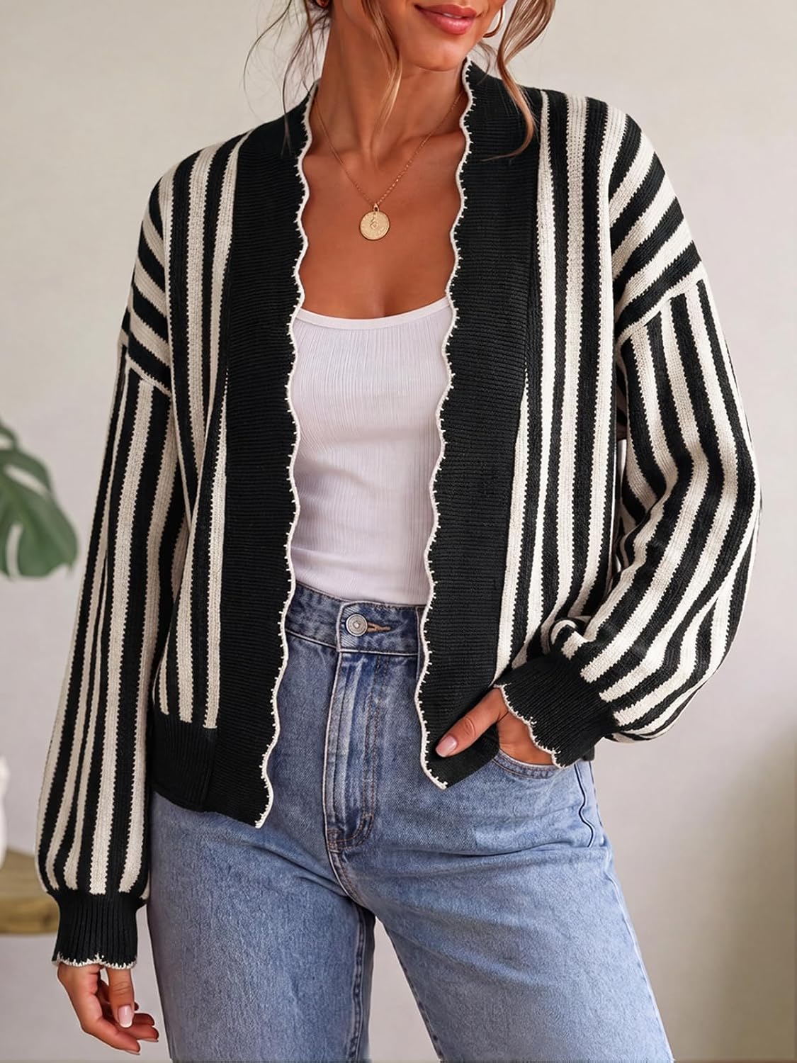 Flowyair Women's Striped Cardigan Sweater Open Front Ruffle Long Sleeve