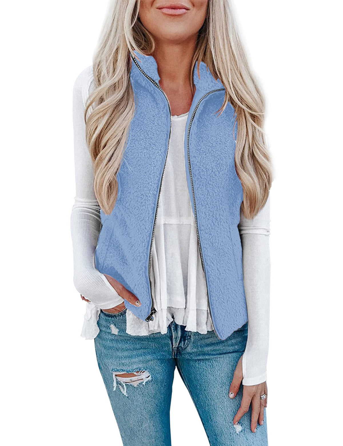 LOMON Womens Fuzzy Sherpa Fleece Jacket Lightweight Vest Cozy Sleeveless Cardigan Zipper Waistcoat Outerwear with Pocket