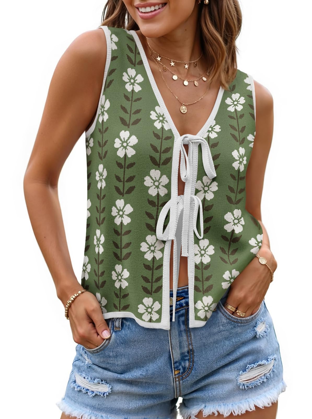 ZESICA Women's 2026 Summer Tie Front Sweater Vest Top