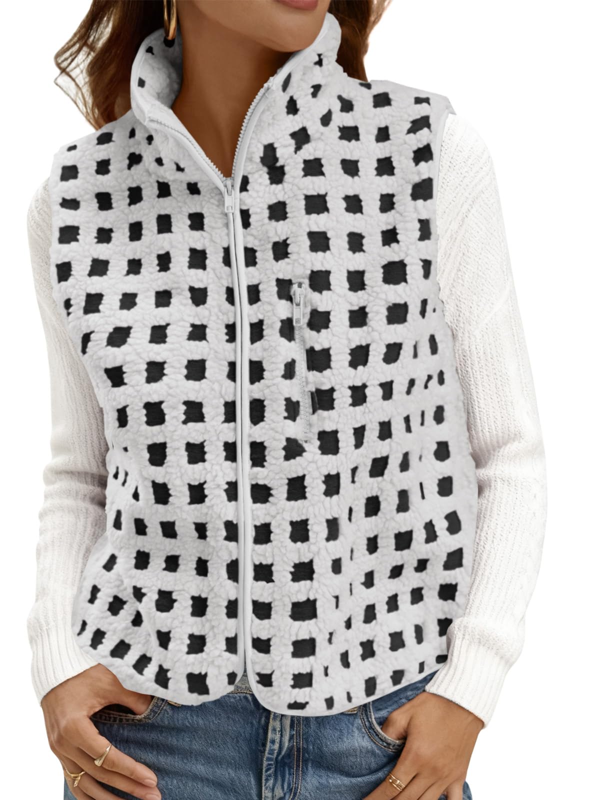 Tankaneo Womens Checkered Sherpa Vest Fleece Fuzzy Zip Up Sleeveless Jacket