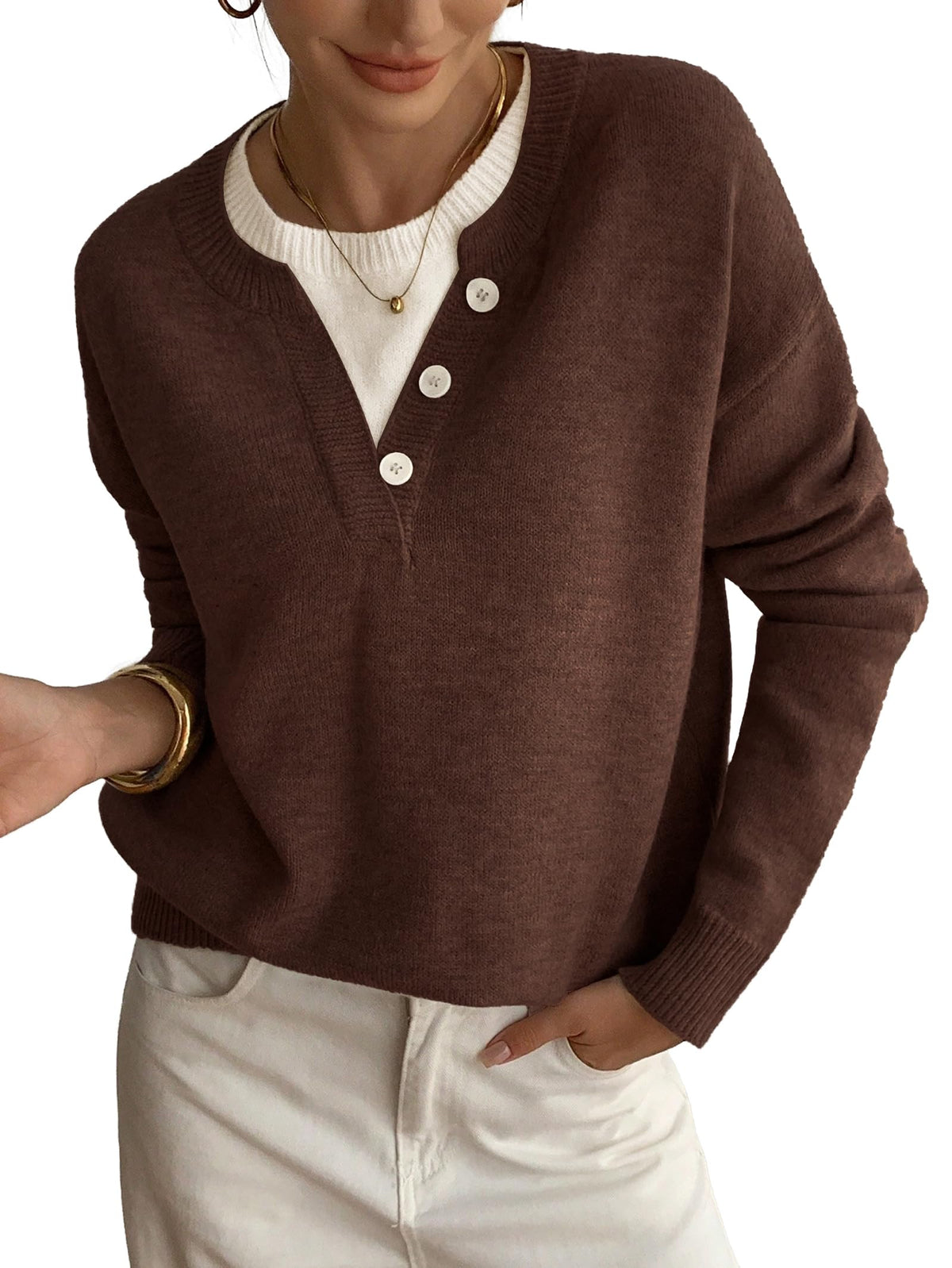 Womens Sweaters Casual Henley Neck Long Sleeve Pullover Tops 2026