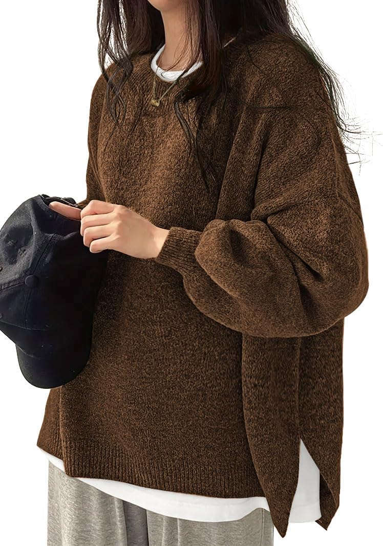 Womens Oversized Sweaters Fall Fashion Side Slit Ribbed Pullover Sweater