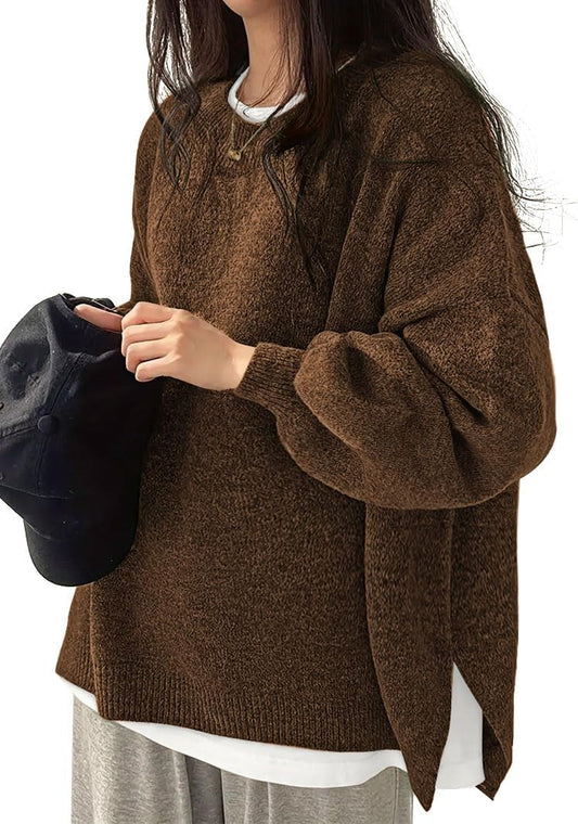 Womens Oversized Sweaters Fall Fashion Side Slit Ribbed Pullover Sweater