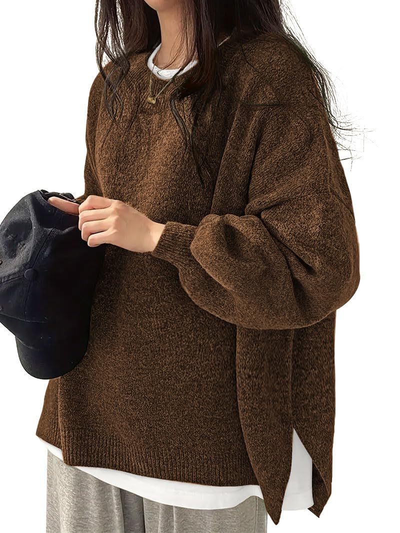 Womens Oversized Sweaters Fall Fashion Side Slit Ribbed Pullover Sweater