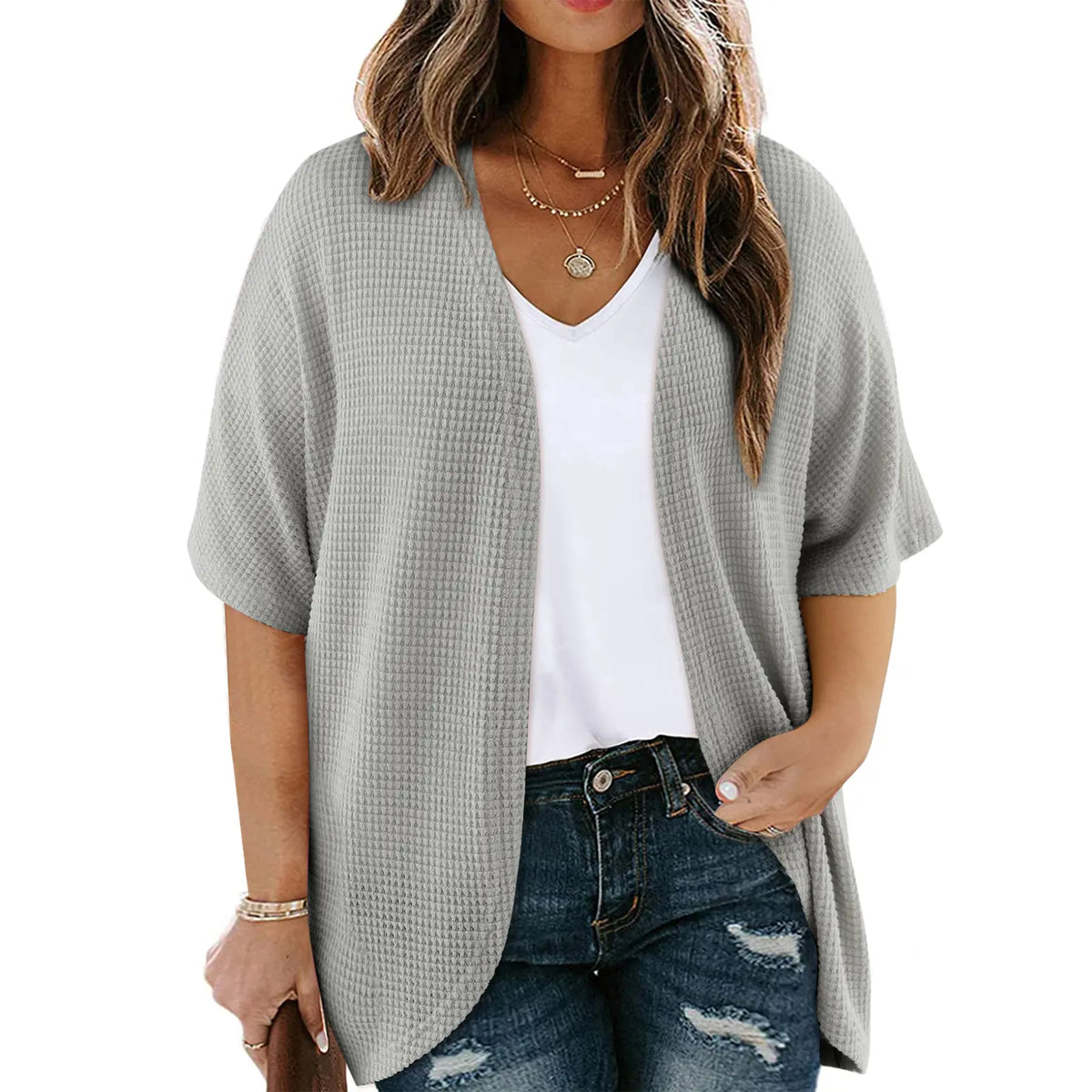 Eytino Womens Plus Size Cardigan Casual Short Sleeve Waffle Knit Kimono Open Front Tops(1X-5X)