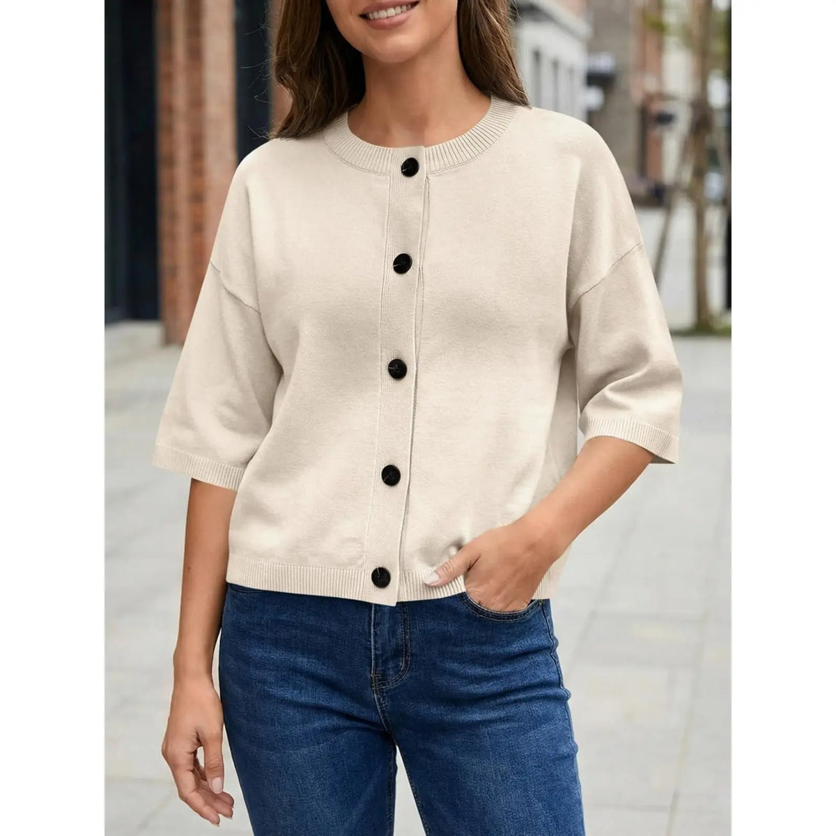 Saodimallsu Women's Basic Short Sleeve Knit Cardigan - Casual Lightweight Round Neck Button-Down Mixed Fibers Fabric Tops for Women, Easy Machine Wash Summer Everyday Wear
