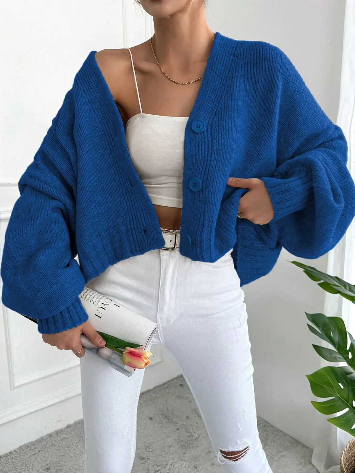 Women's V Neck Lantern Sleeve Sweater, Casual Baggy Loose-Fit Knitted Cardigan, Fall & Winter Fashion, Minimalist, Plain Color, One Button Design, Knitwear Tops