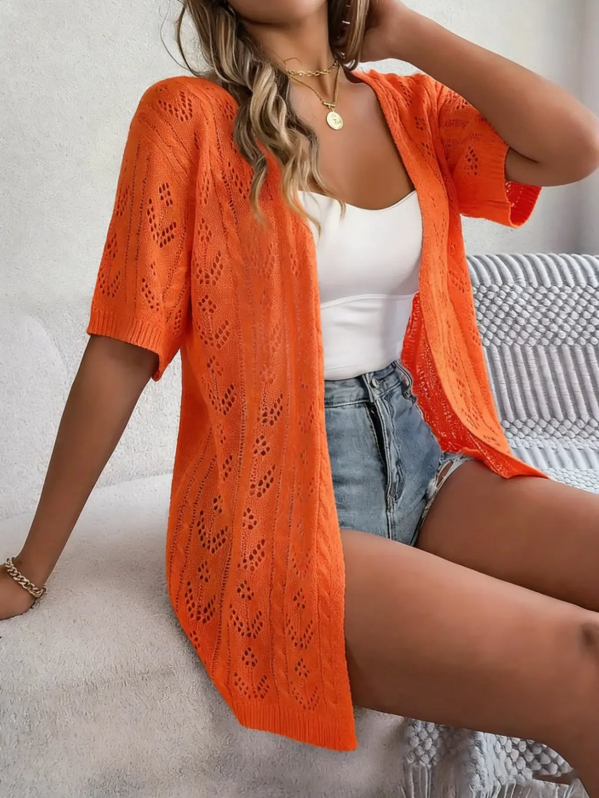 【Plus Size】 Solid Lace Hole Design Knitting Cardigan, Elegant Casual Open Front Loose Fit Short Sleeve Knitwear for Daily Wear, Casual Chic Knitwear, Women's Plus Clothing for All Seasons, Tops