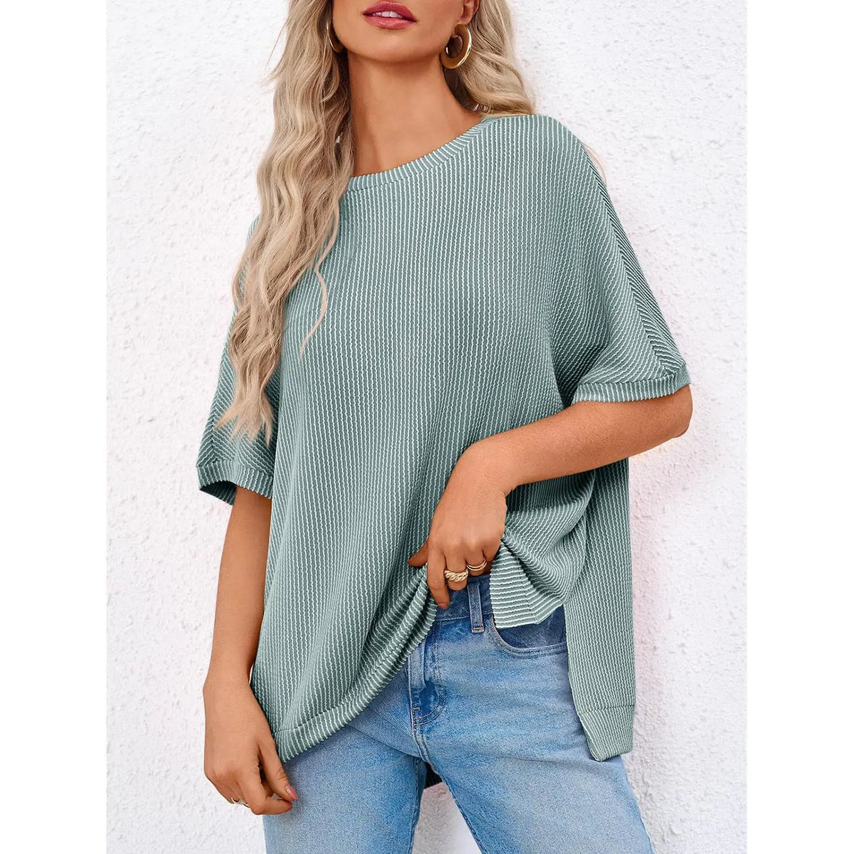 Danedvi Plus Size Oversized Knit Tunic Top Casual Summer Tee for Curvy Women - Soft Stretch Round Neck, Short Batwing/Dolman Sleeves, Side Slits, Striped or Solid Options, S-3XL Everyday Fashion