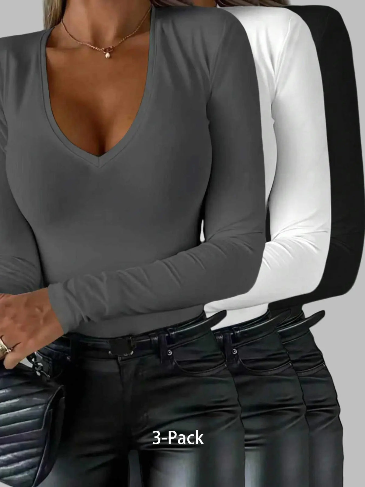 Women's Solid Color V Neck Long Sleeve Knit Tee, Casual Basic Lady T-shirt for Spring & Fall, Women's Top for Daily Wear, Fit, Womenswear, Knitwear, Fabric, Casual Knit Tops, Fashion Knit Clothing