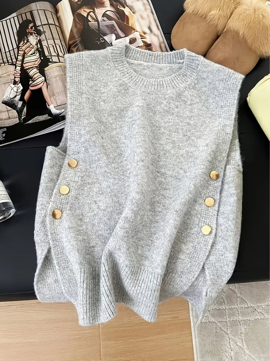 New Women's Slim Fit Short Sleeve Y2K Knit Vest Tops, Round Neck Plain Color Button Front, Casual Daily Wear, Spring Summer Fall Winter