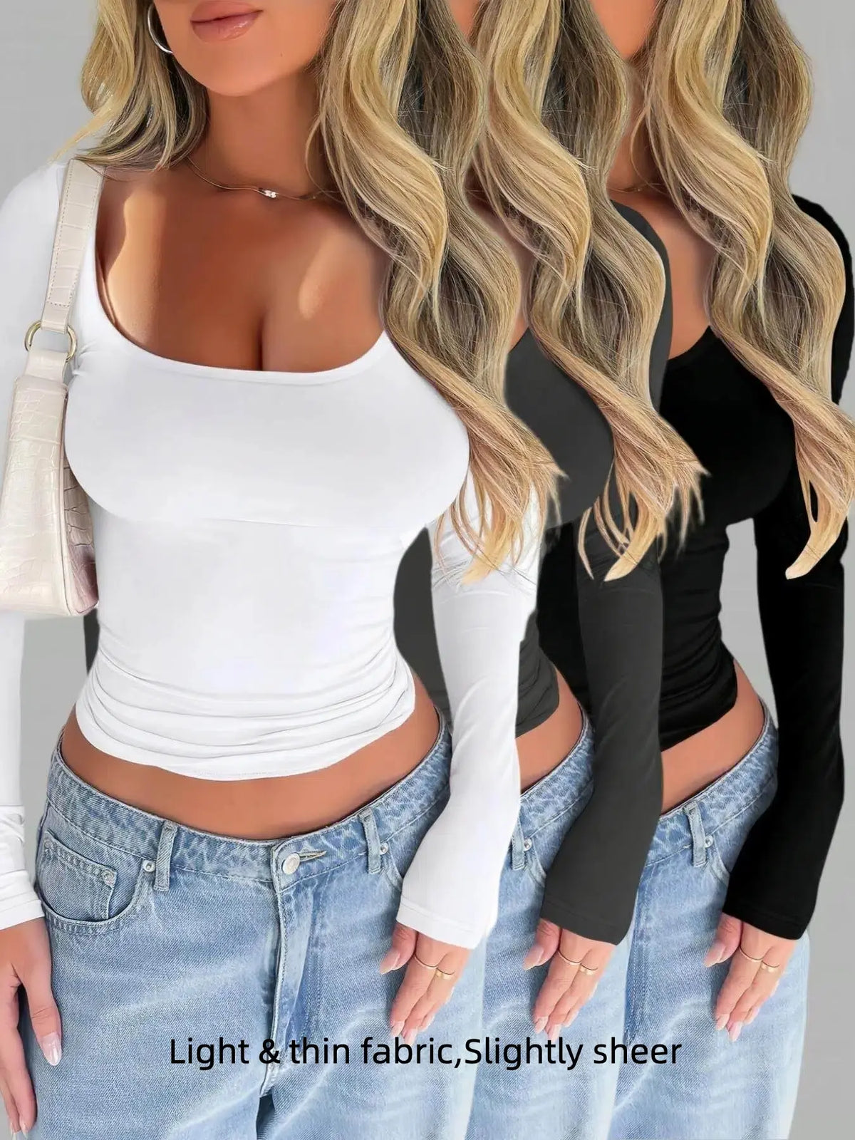 Women's Solid Scoop Neck Long Sleeve Knit Tee, Casual Slim-Fit T-shirt for Spring & Fall, Women's Top for Daily Wear, Basic