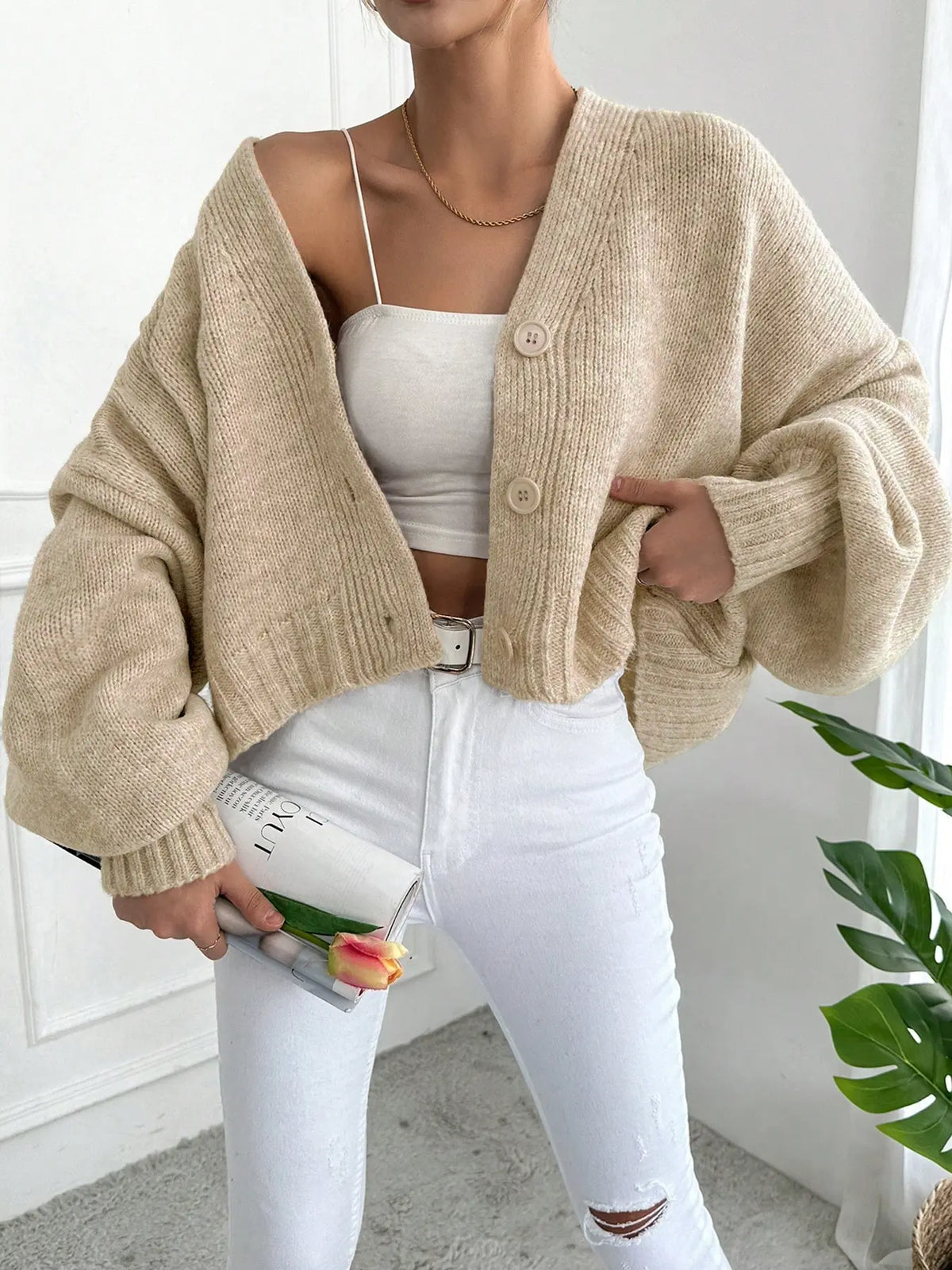 Women's V Neck Lantern Sleeve Sweater, Casual Baggy Loose-Fit Knitted Cardigan, Fall & Winter Fashion, Minimalist, Plain Color, One Button Design, Knitwear Tops