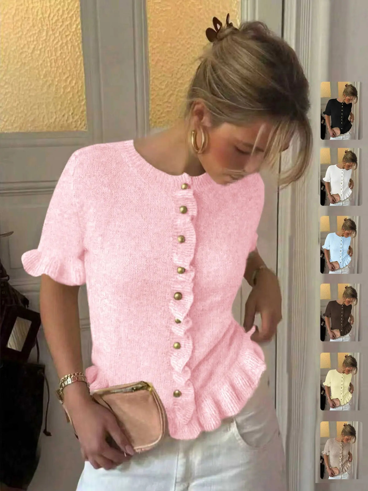Women's Spring Summer Vintage Fashion Casual Round Neck Short Sleeve Knitted Cardigan Knitwear, Ruffle Design and Metal Buttons, Elegant Soft Sweater Knitting