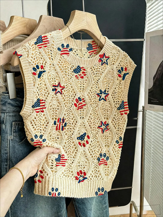 Women's Elegant Cartoon Paw Print Star Independence Day Print Hollow Out Round Neck Sleeveless Knit Sweater, Casual Daily Wear, Comfortable and Versatile