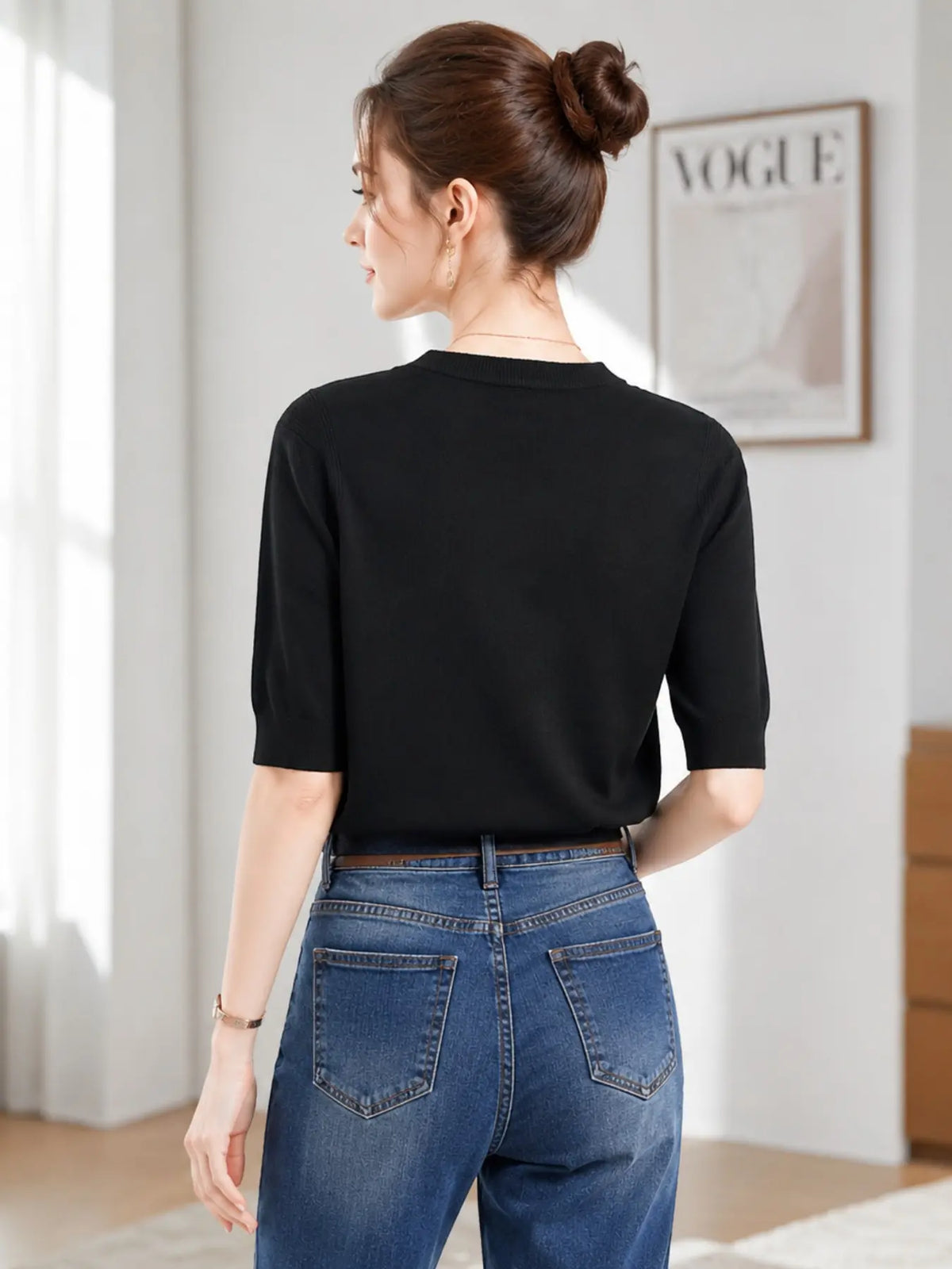 New Cross-Border Fine Knit Round Neck Basic T-Shirt, Women's Mid- Sleeve Knitted Top, Fashion Casual Comfortable Shirt, Soft Smooth Four Seasons Wear, Knitwear, Daily Wear Knitwear