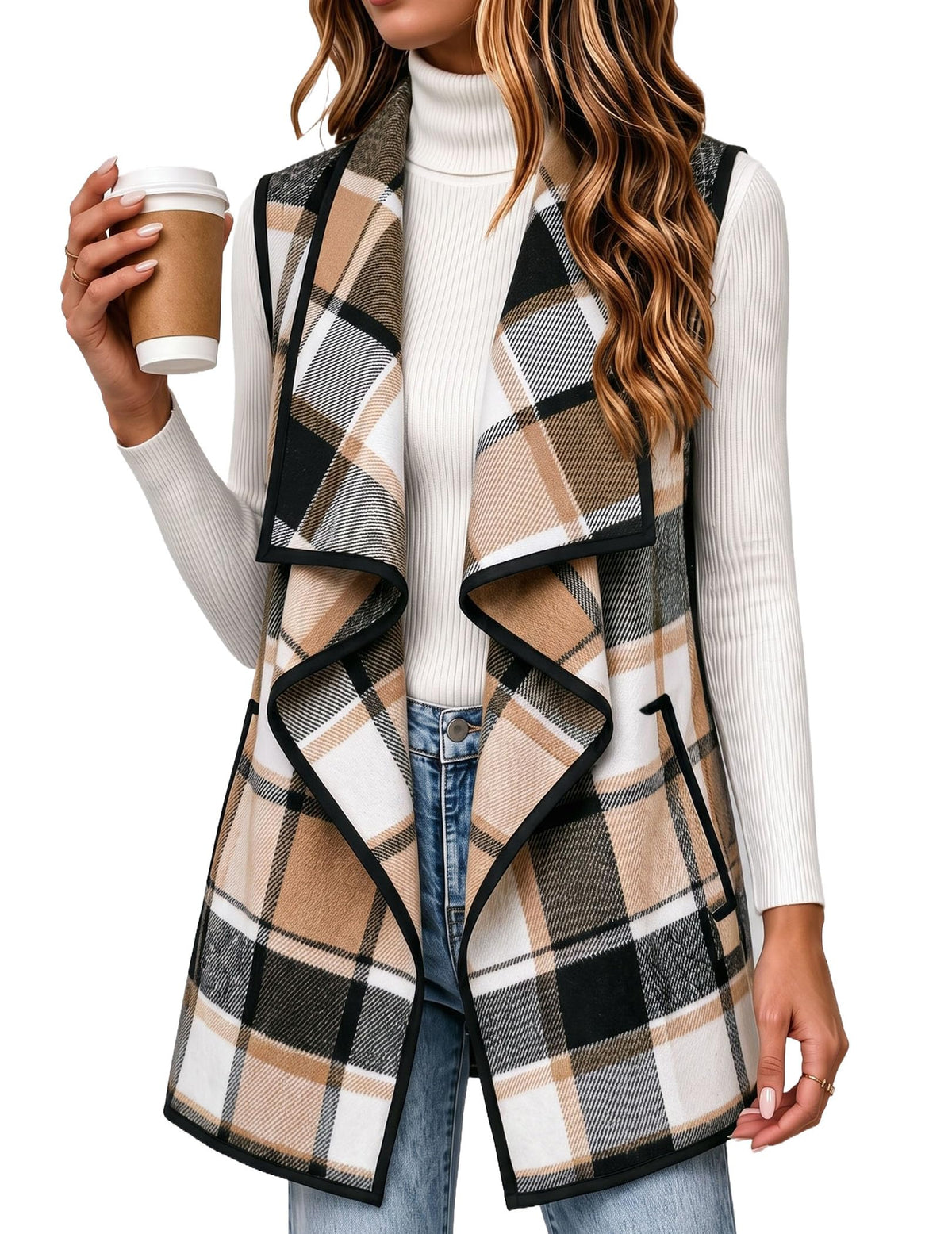 Zeagoo Women Vest Long Plaid Jackets Sleeveless Flannel Coats with Pockets